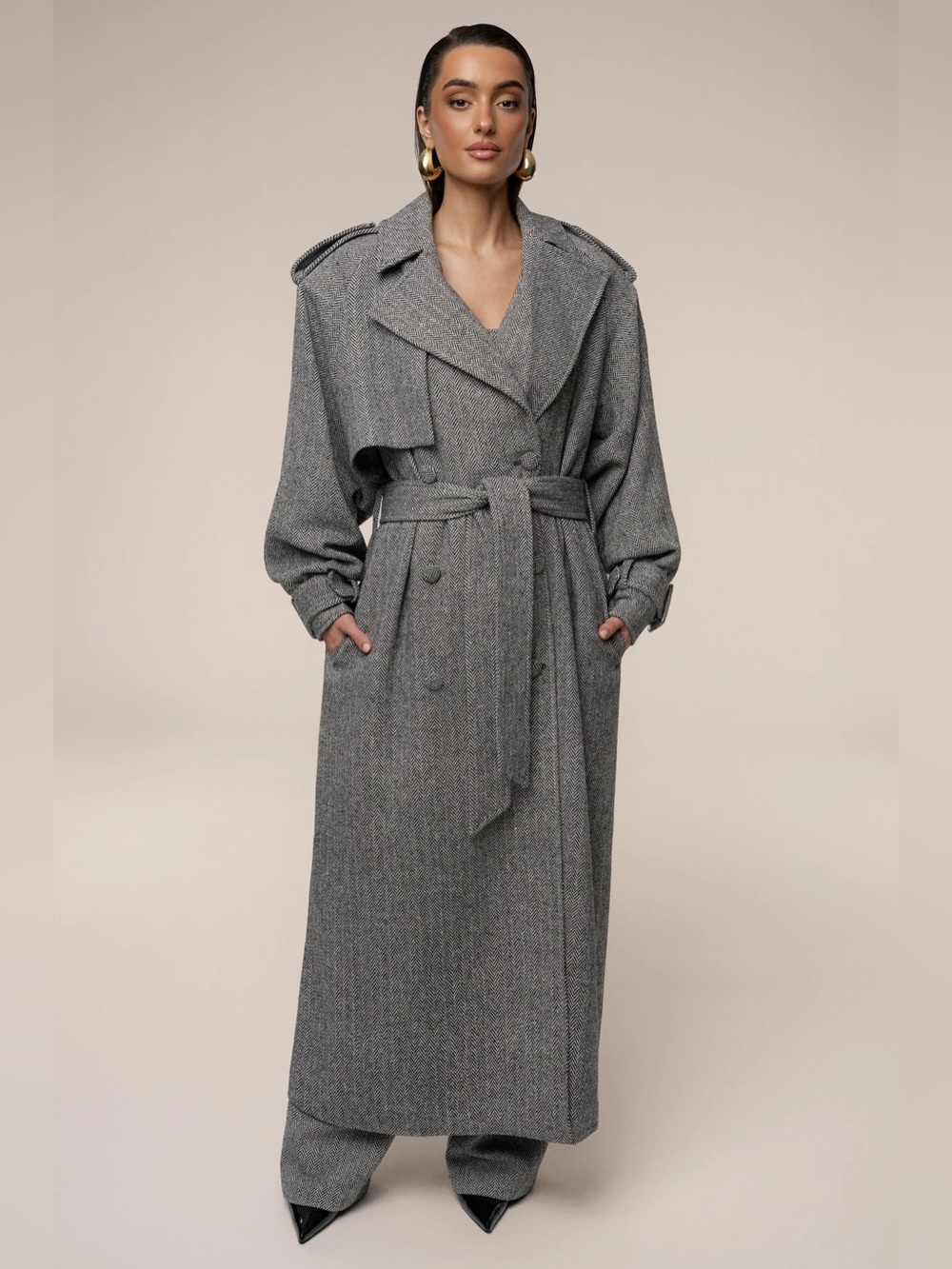 JLUXLABEL Herringbone Oversized Trench Coat